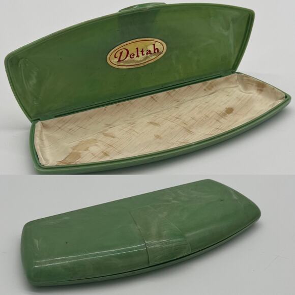 VTG Deltah Jewelry Presentation Box Green Celluloid Vanity Jadite Braun-Crystal - Picture 1 of 7